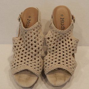 Mudd open-toe wedge sandals with macrame upper in cream and 4-inch cork …